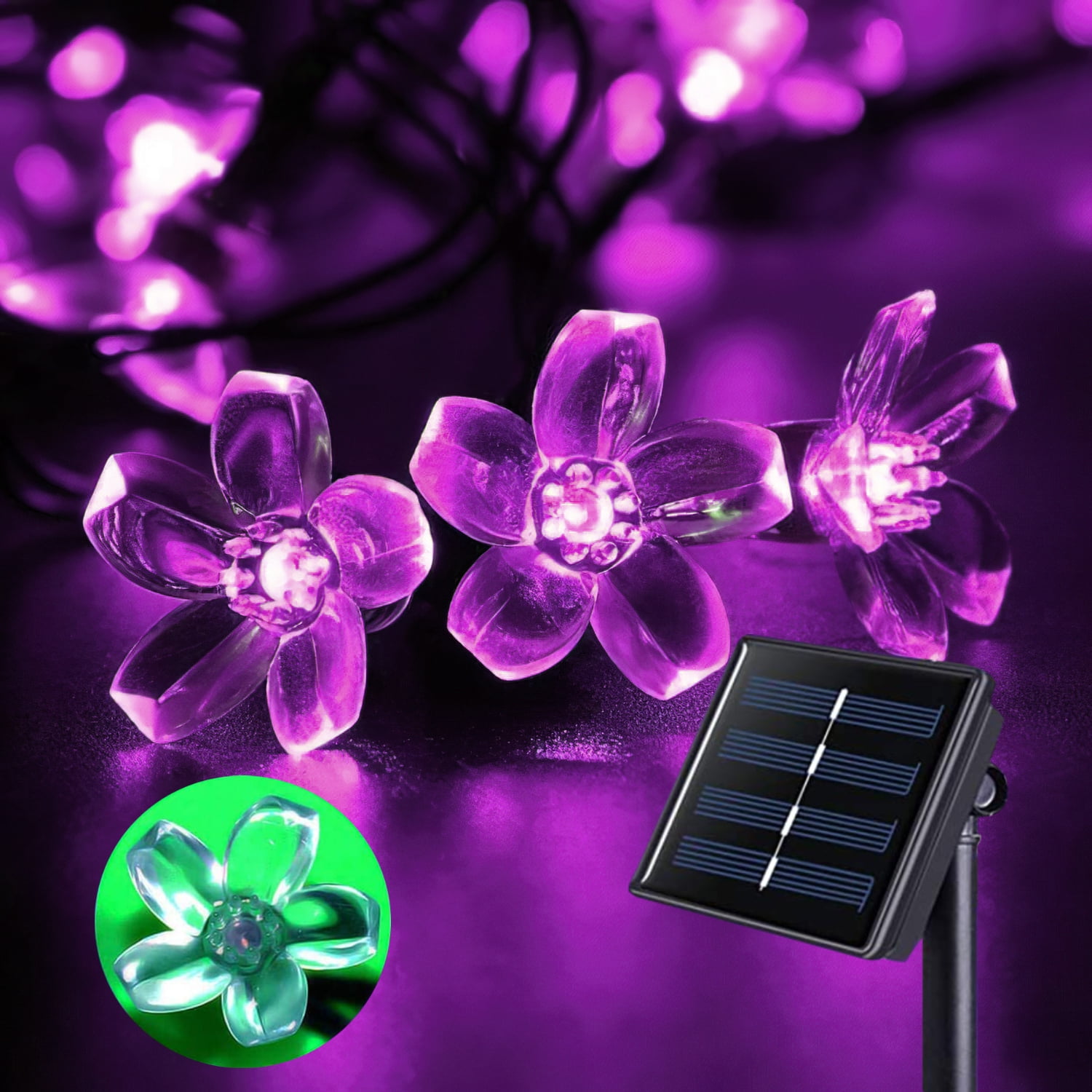 Purple 23ft 50 LED Lights Outdoor Waterproof Solar Flower String Lights 