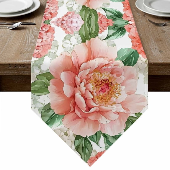 Pink Peony Blossom Table Runner Linen Burlap Table Runner 60 Inches Long Spring Botanical Floral Watercolor Dresser Scarves for Kitchen Island Coffee Dining Party Wedding Holiday Decor 13"x60"