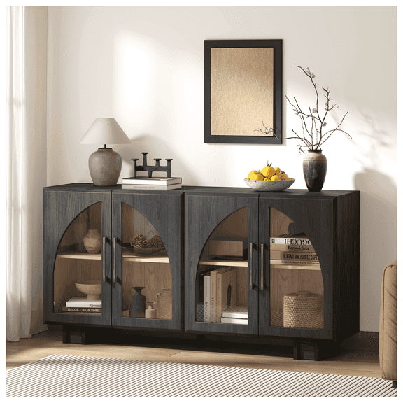 JOINICE Sideboard Buffet Cabinet with Arched Glass Doors,Modern Accent Console Wood Black Cabinet with Storage,for Living Room,Dining Room,Entryway