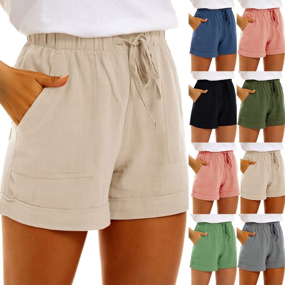 TrendOFT Solid Color Shorts for Women Linen Pocket Tie Front High Waist Casual Shorts No Label Army Green L