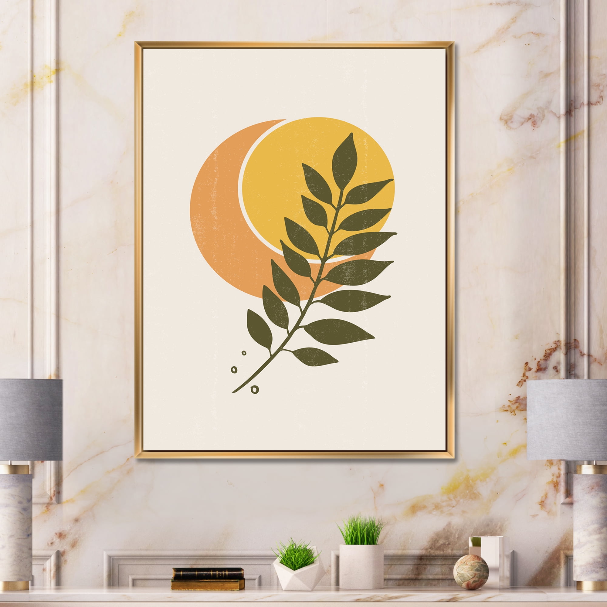 Designart 'Abstract Geometrical Moon and Sun With Leaf V' Modern Framed Canvas Wall Art Print