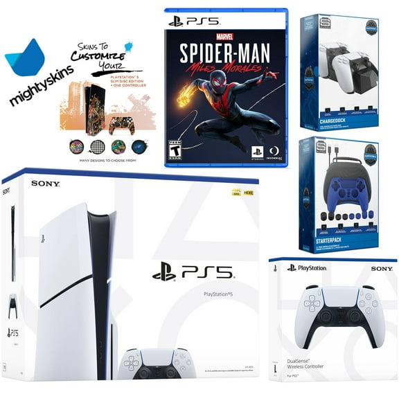 Sony Playstation 5 Slim Disc Bundle with Spider-Man: Miles Morales, Extra White Controller, Pro Gamer Kit, Dual Charge Dock and MightySkins Decal Voucher