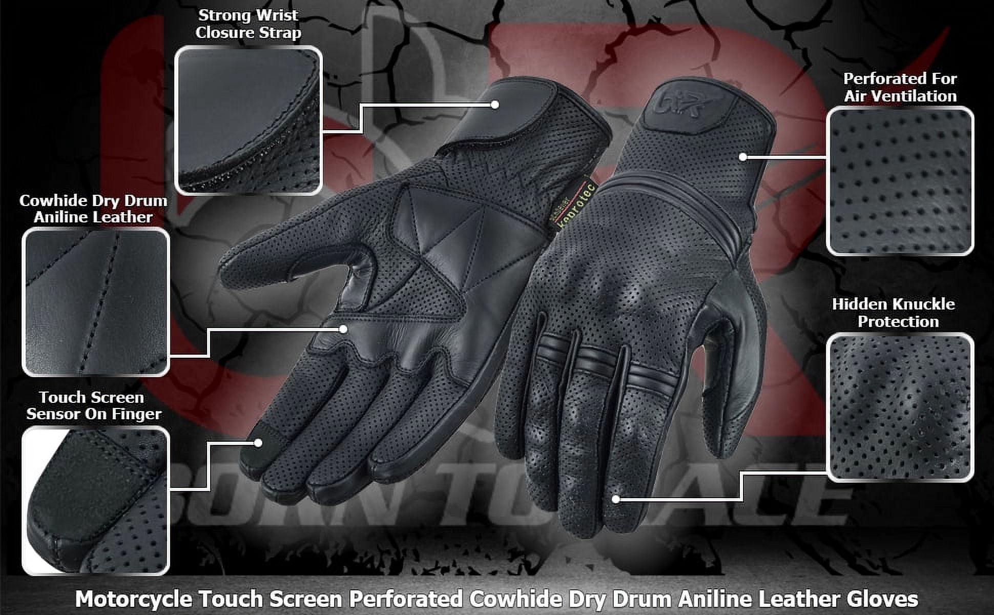 Motorcycle Gloves Touch Screen Perforated Cowhide Dry Drum Aniline Leather Knuckle Protection Motocross Gloves Black-M