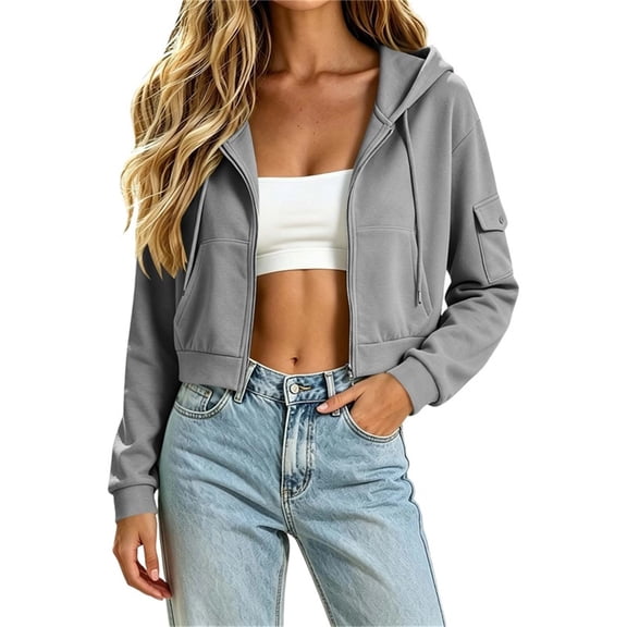CHUMUD Women's Petite Cropped Zip Up Hoodie, Drawstring Long Sleeve Jacket, Utility Pocket Casual Outerwear, S-2XL