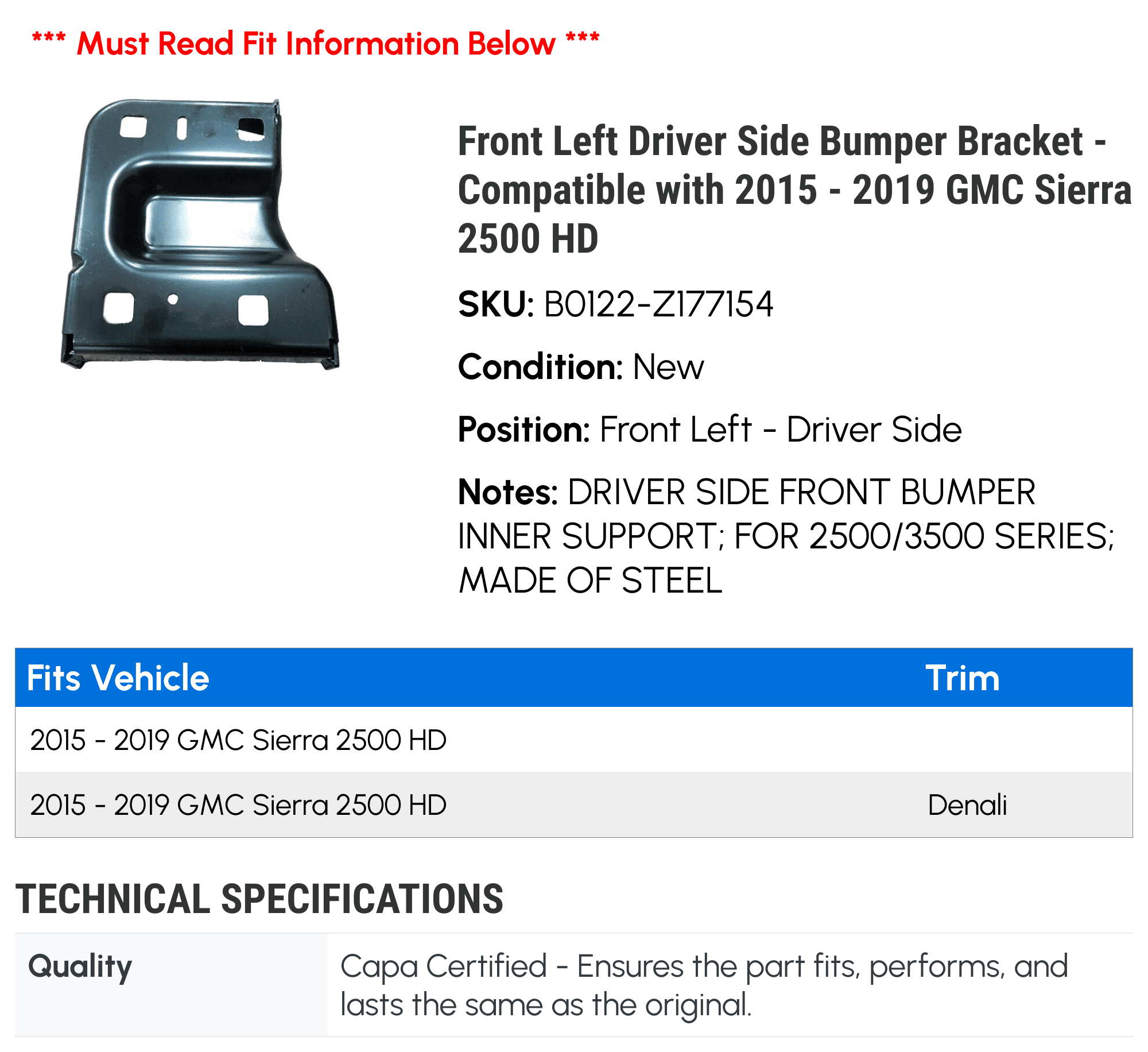 Front Left Driver Side Bumper Bracket - Compatible with 2015 - 2019 GMC Sierra 2500 HD 2016 2017 2018