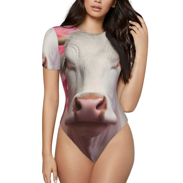Saiise Motif Vache Blanche Fleurie Grenouillère à Manches Courtes pour Femmes Col Rond Pyjama Justaucorps Extensible avec Fermeture à Pression-Petit