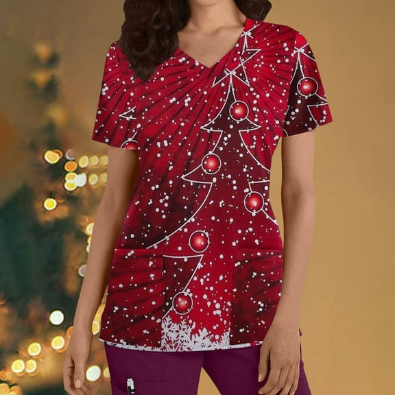 Lolmot Womens Scrubs Tops Summer V-Neck Short Sleeve Casual Fashion Christmas Printed Cute Lightweight Nurse Working Uniform Holiday Workwear