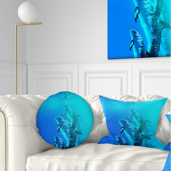Designart Dolphin in Blue Sea - Seascape Throw Pillow - 12x20