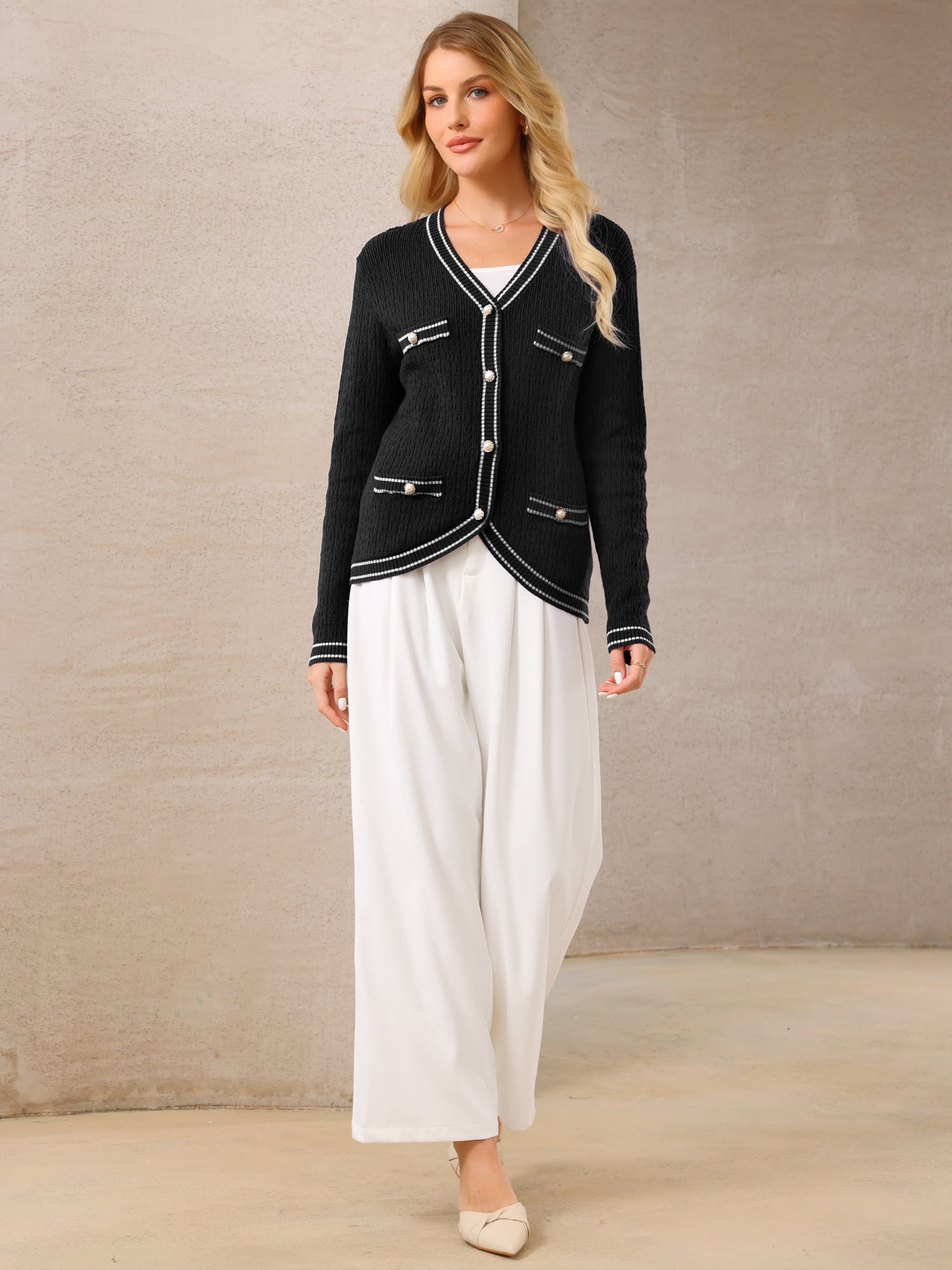 DARING DIVA Women's Contrast Trim Knit Ribbed Cardigan Sweater S Black