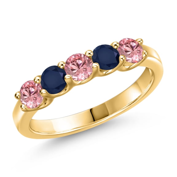 Gem Stone King 18K Yellow Gold Plated Silver Pink Lab Grown Diamond and Blue Sapphire Wedding-Bands Ring for Women | 0.98 Cttw | Round 3.5MM | Gemstone April Birthstone | Size 5