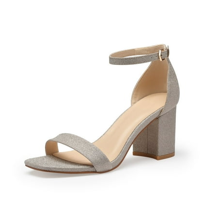 Zhabtuc Open Toe Ankle Strap Heels Square Toe Block Chunky Low Heels Sandals for Party Prom Dress Shoes Glitter Gold Size 7