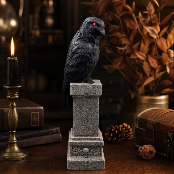 Clearance Light Up Raven Halloween Decor, Glowing Red Eye Black Bird Statue for Tabletop, 1 Pack