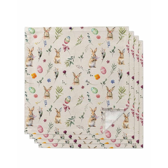 Easter Cloth Napkins Set of 4 Reusable Dinner Napkins, Country Rabbits Colorful Eggs Leaves Flowers Cocktail Napkin Washable Table Napkins for Wedding/Holiday Party/Baby Shower 20"x20"
