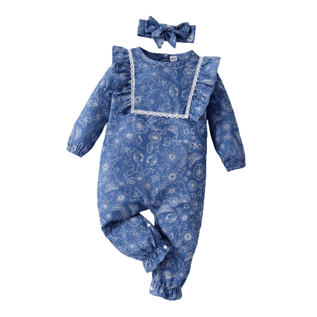 

OLLUISNEO Newborn Baby Girls Romper Winter Romper Flower Pattern Long Sleeve One-piece Jumpsuit With Headband 0-3 Months Blue
