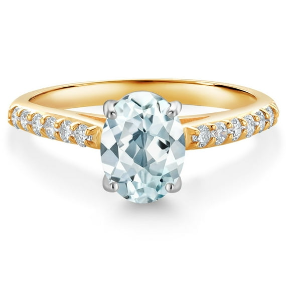 Gem Stone King 10K Yellow and White Gold Sky Blue Aquamarine and White Lab Grown Diamond Engagement Ring for Women (1.38 Cttw, Oval 8X6MM, Gemstone March Birthstone, Size 9)