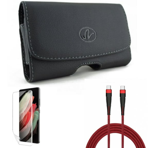 Case Belt Clip & Matte Screen Protector & 10ft PD Cable for Samsung Galaxy S22 Plus (S22 ) - Combo Leather Swivel Holster & TPU Film Anti-Glare & Type-C to USB-C Charger Cord Power