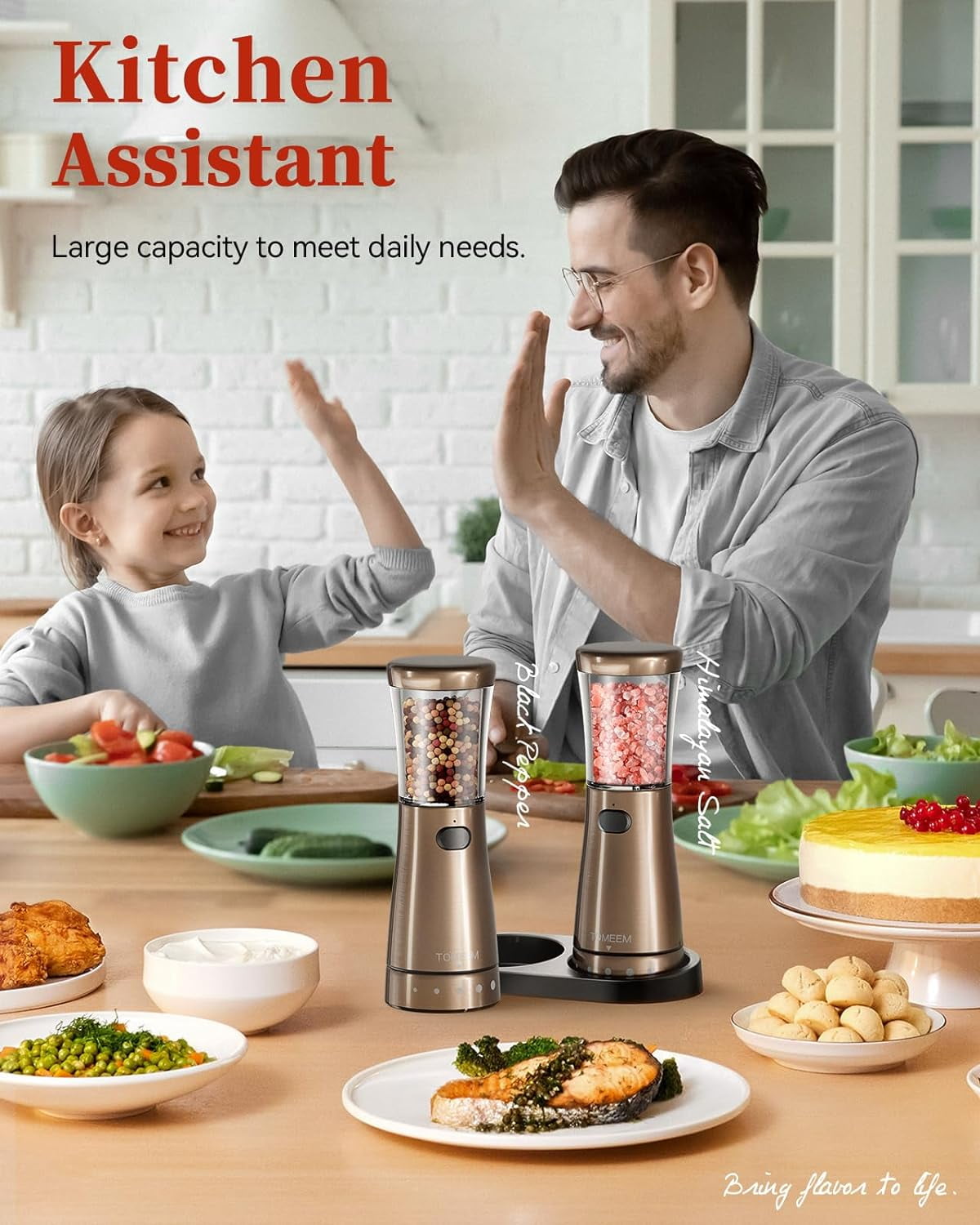 Tomeem Electric Pepper Grinder Sets Automatic Salt and Pepper Electric with 4.5oz Large Capacity Adjustable Coarseness Stainless Steel Bronze