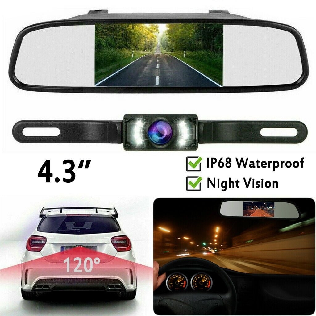 Car Backup Camera Kit 4.3" Mirror Monitor Waterproof License Plate Vehicle Rear View Camera with