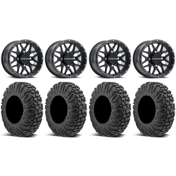 Raceline Krank 14" Black Wheels 28" MotoVator Tires Can-Am Maverick X3 / Honda Pioneer 1000 / Talon