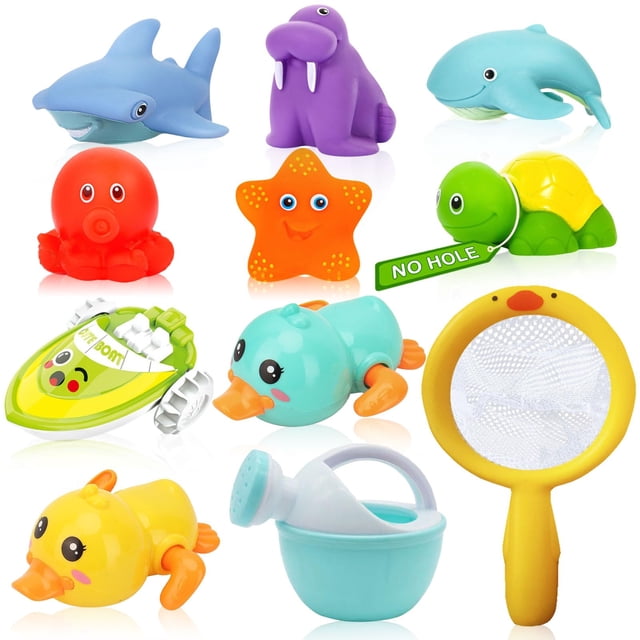 Juguetes de baño QODLIT sin agujeros para bebés de 0 a 12 meses o más con red de pesca