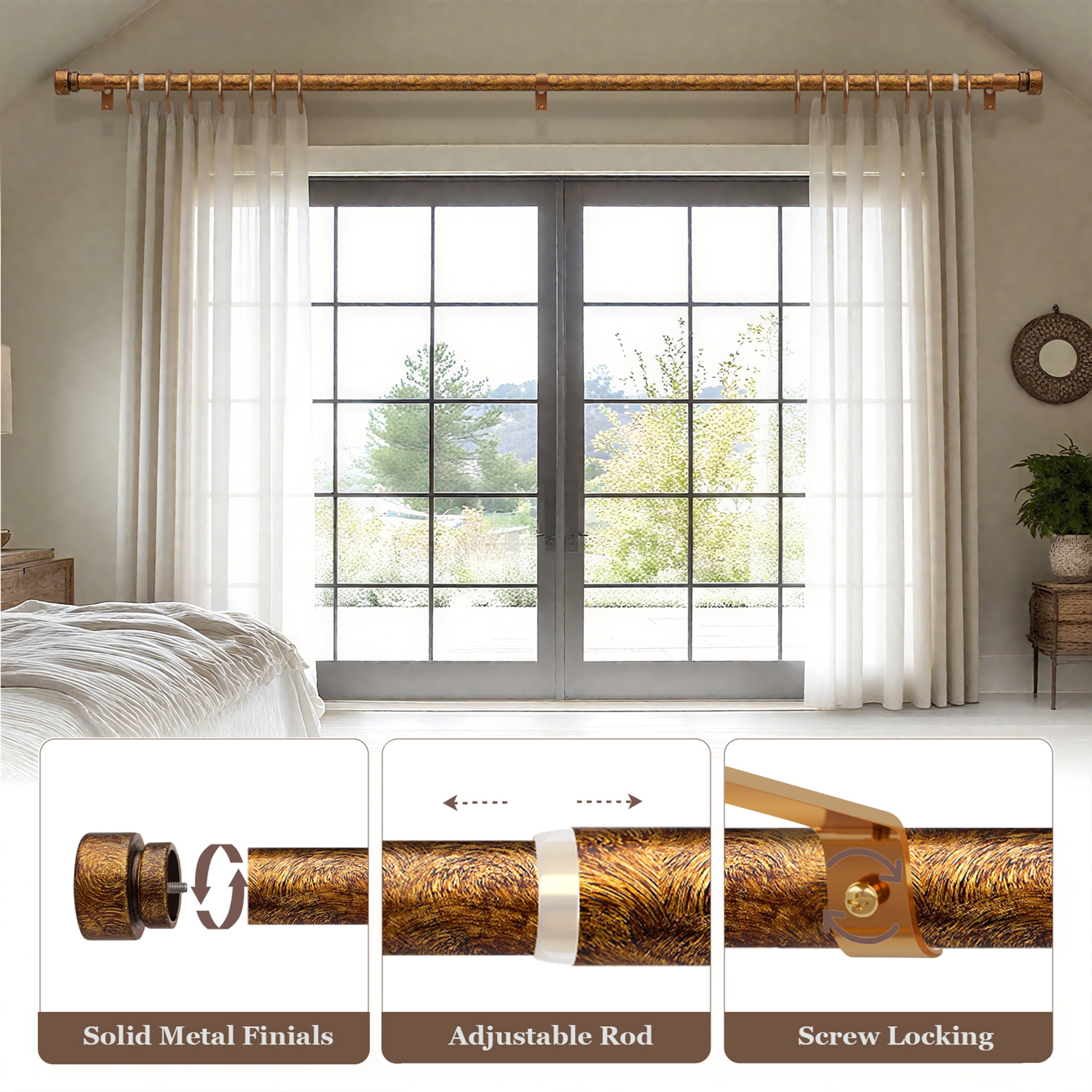 Yokila Vintage Gold Curtain Rod for Windows 16 to 60 Inches 1" Diameter Decorative Heavy Duty Window Curtain Rod Adjustable with Solid Finials for Living Room Outdoor Bedroom Kitchen Farmhouse