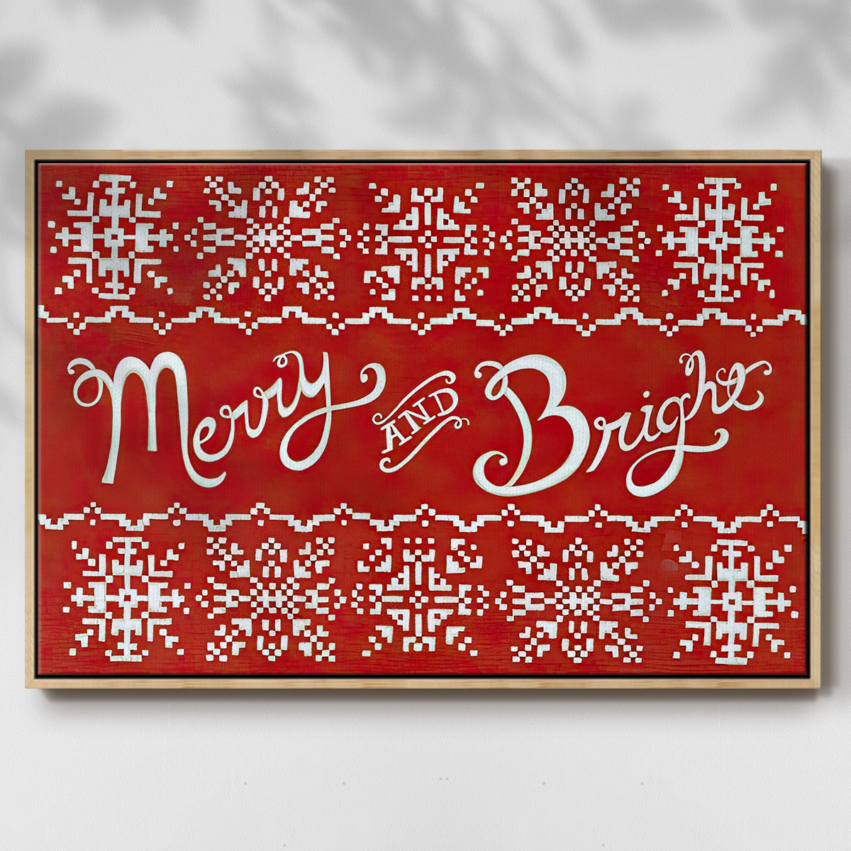 Fair Isle Snowflake I - Framed Gallery Wrapped Holiday Canvas - 27 x 41 - Natural Wood Frame