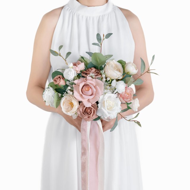 BENCENTRE Ramo de novia de rosas polvorientas de 10.0 in, ramo de novia, ramos de novia para ceremonia de boda, fiesta de aniversario y flores artificiales de boda vintage rústicas francesas