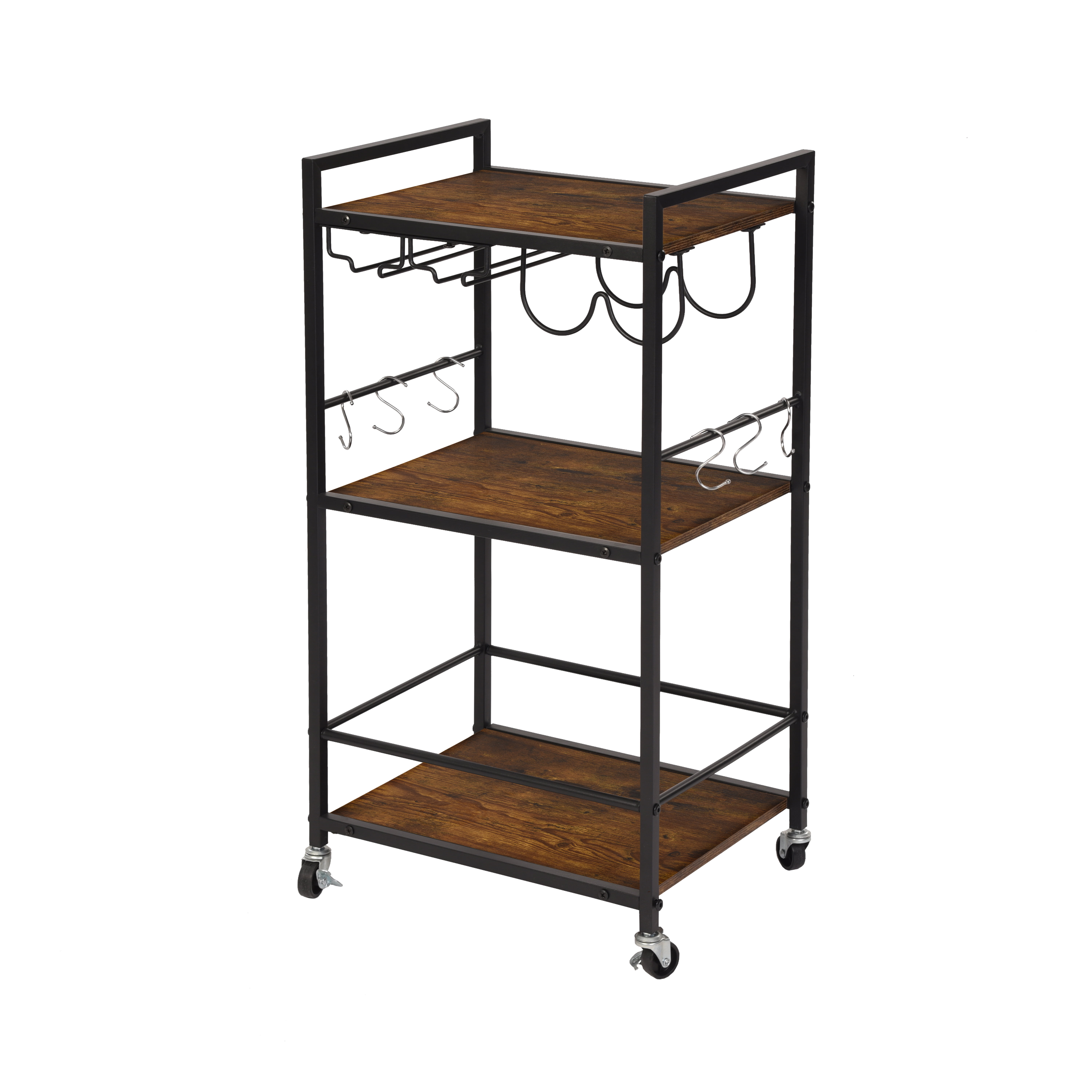 3-Tier Rolling Bar Cart with Wine Rack and Glass Holders, Serving Cart on Wheels, Metal Frame Beverage Cart for Kitchen, Dining Room, and Living Room