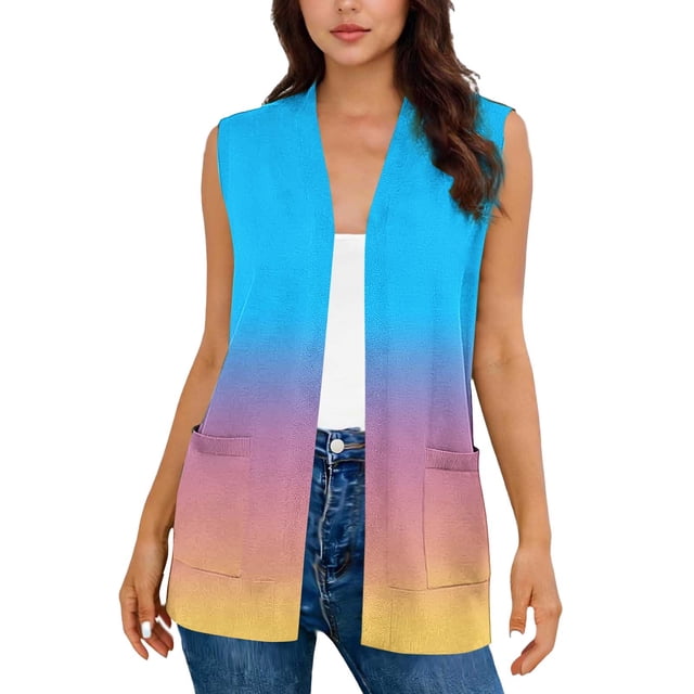 SZJXBUY Womens Light Cardigan Plus Size Color Block Open Front Casual Sleeveless Cardigans Summer Dressy Gradient Loose Oversized Vests with Pockets Blue,S