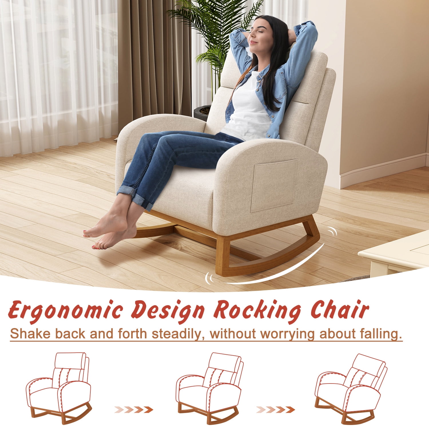 Rocking Chair Nursery Accent Chair for Bedroom Glider Comfy with High Backrest Upholstered Living Room Chair with Side Pocket, Cream