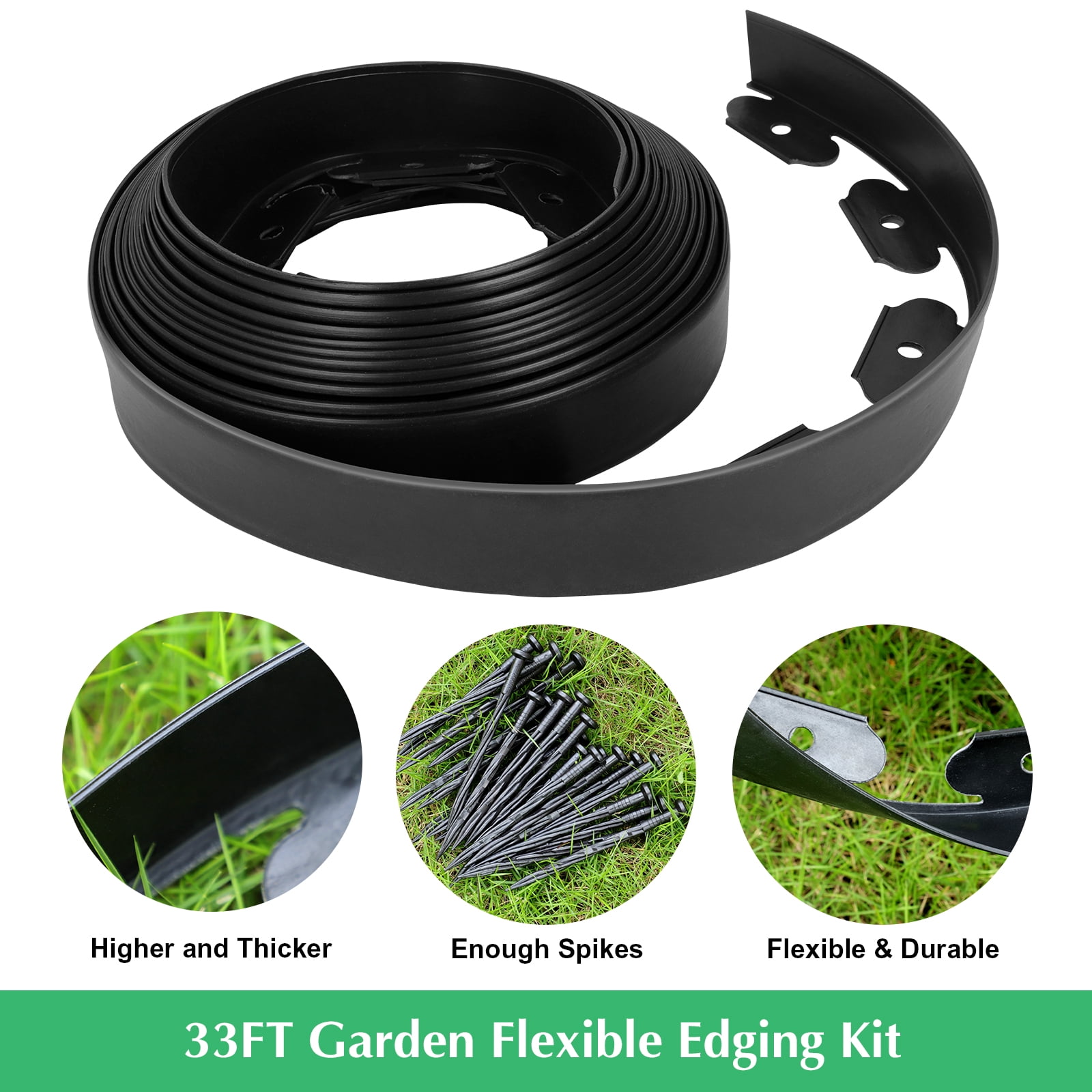 Landscape Edging Border 33 FT with 50 Spikes, 2" Tall No Dig Garden Edging Lawn Border, Flexible Edging for Landscaping Flower Beds Yard Pathway