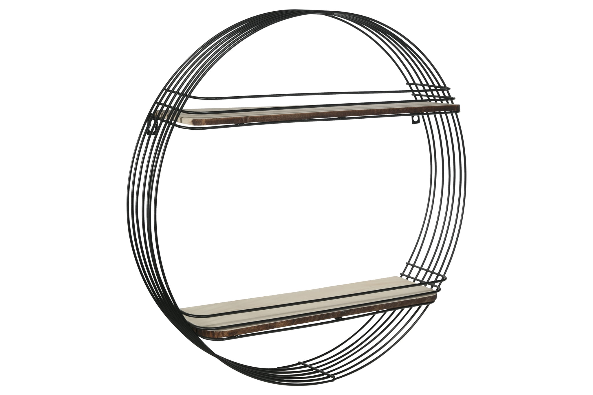 Metal Round Wall Shelf with 2 Tier Wooden Surface, Brown and Black