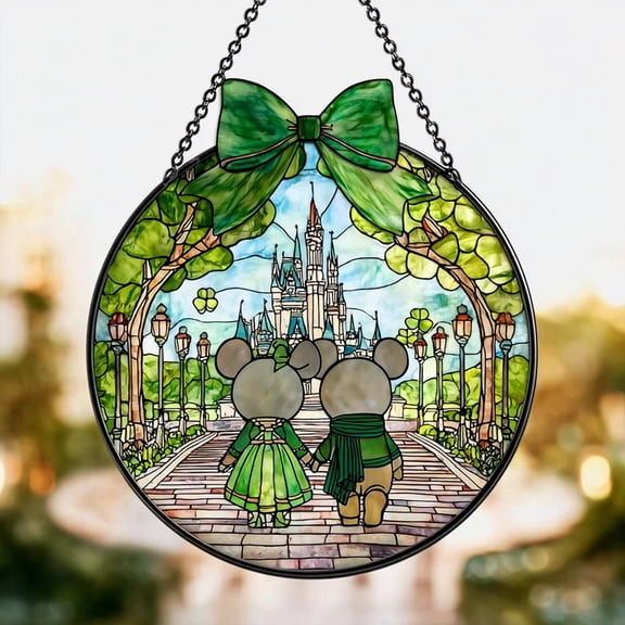 Mickey and Minnie Stained Glass Suncatcher, Disney Window Decor St. Patrick’s Day Gift, Gift For Her, Window Hanging, Kids Room Decor