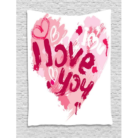 I Love You Tapestry, Paintbrush Love Message Best Friends Forever February Wedding Engaged Image, Wall Hanging for Bedroom Living Room Dorm Decor, 40W X 60L Inches, Pale Pink Ruby, by