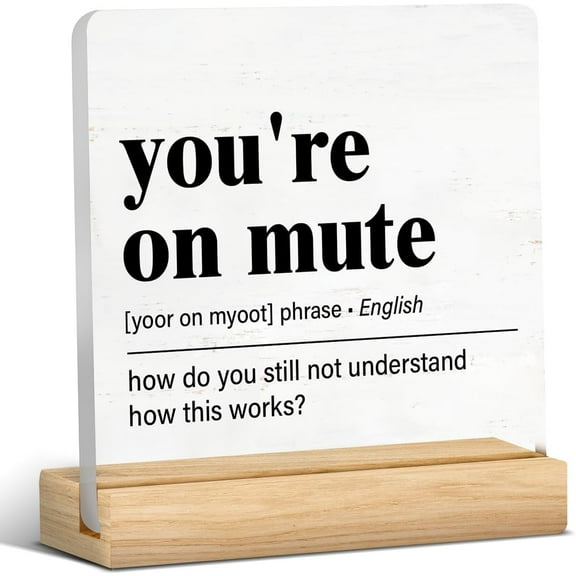 Funny Office Signs You're on Mute Definition Acrylic Desk Plaque Sign Office Desk Decorations (with Wooden Stand) 4x4 Inch