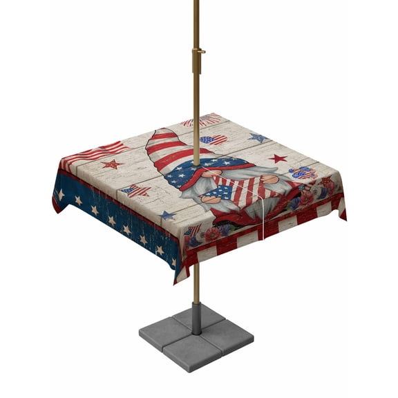 Outdoor Tablecloth with Umbrella Hole and Zipper, Independence Day Square Table Cloth 60x60 Inch Waterproof Tablecloth, US Flag Gnomes Star Striped Wooden Picnic Table Cover for Patio Camping