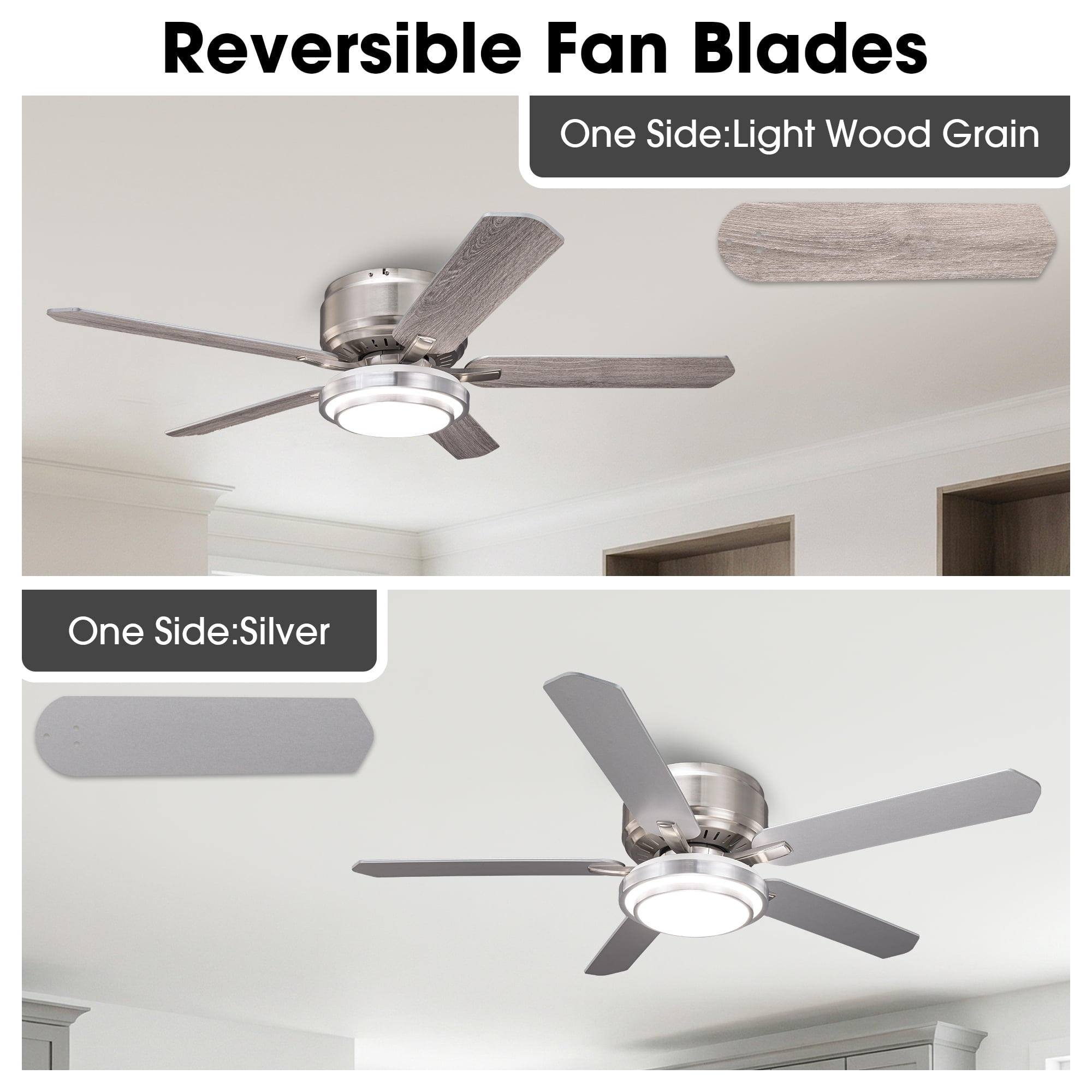 52" Modern Brushed Nickel Flush Mount Smart Ceiling Fan with Dimmable LED Light and Remote