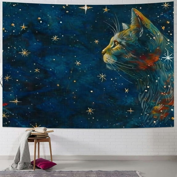 Patifu Cute Cat Stars Space Art Tapestry Wall Hanging Unique Style Graphic Tapestries Home Wall Decor for Living Room Bedroom Apartment Farmhouse Dorm 40x30inch