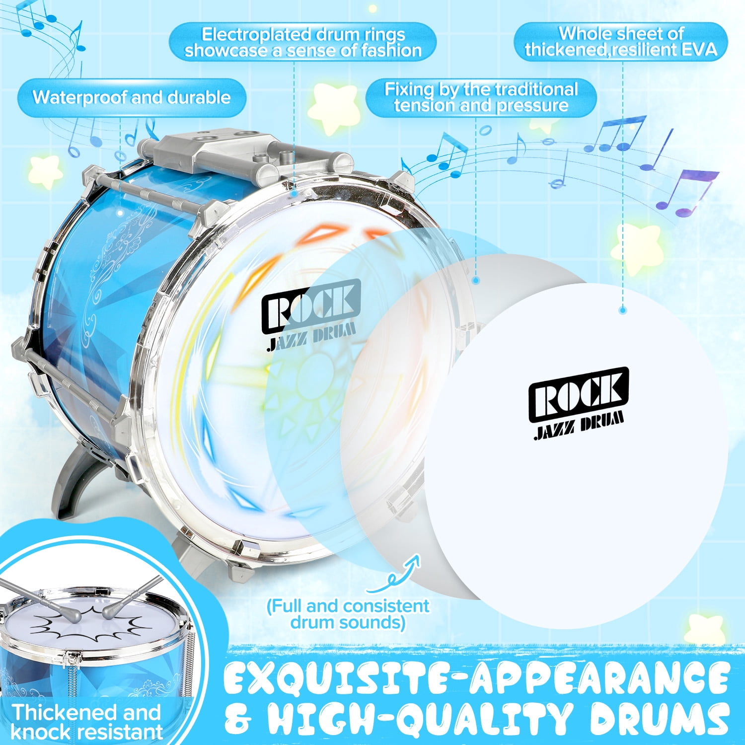 Carsky Kids Rock Drum Kit for Toddlers, Upgraded Induction Light Jazz Drum Set w/ Stool, Educational Music Beginner Instrument Toy for Boys & Girls Age 3 4 5 6
