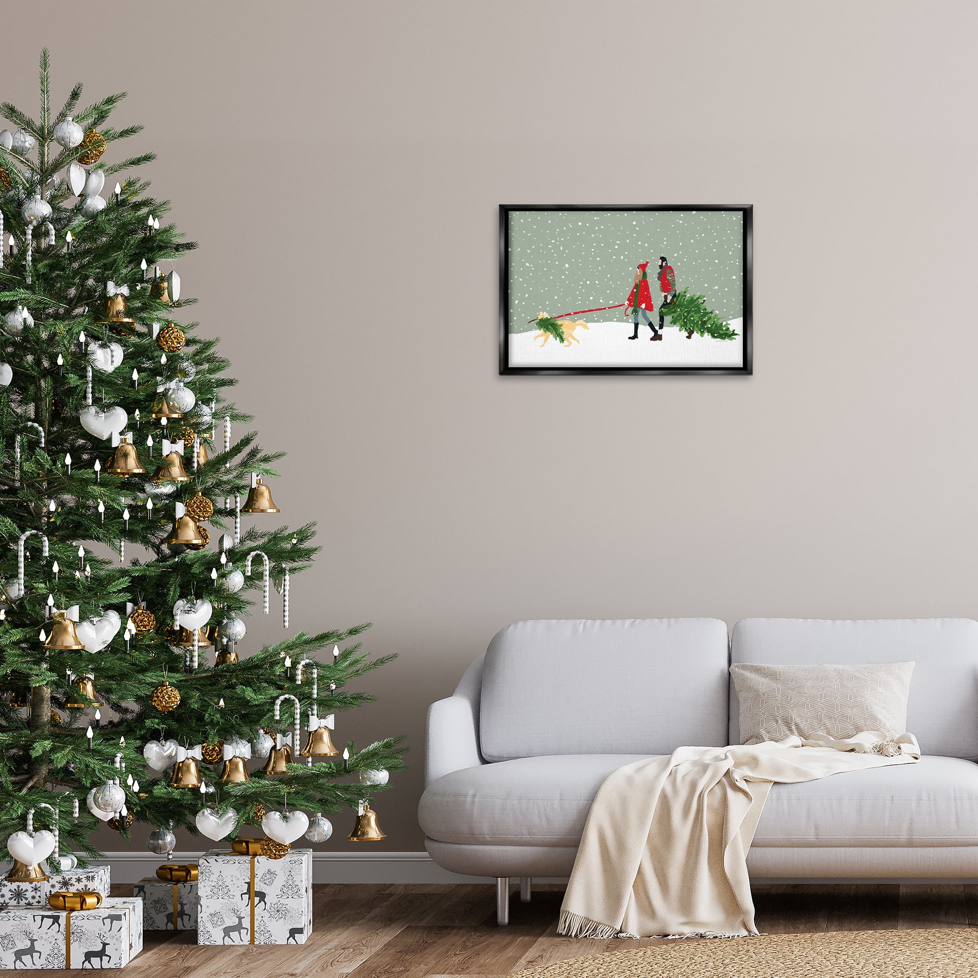 Stupell Industries Couple with Christmas Tree Holiday Painting Black Floater Framed Canvas Art Prints Wall Art, 25 x 17