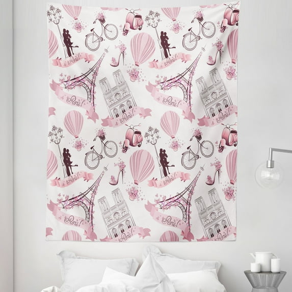 Eiffel Tower Tapestry, Travel in Paris Theme Honeymoon Flowers Romance Hot Air Balloon Bike, Fabric Wall Hanging Decor for Bedroom Living Room Dorm, 5 Sizes, Pale Pink White, by Ambesonne