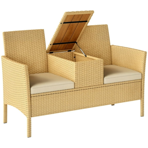 KWUXIN Rattan Patio Loveseat with Built-in Flip-Top Coffee Table, Outdoor Wicker Sofa with Hidden Storage and Cushions for Balcony, Garden, Lawn, Backyard