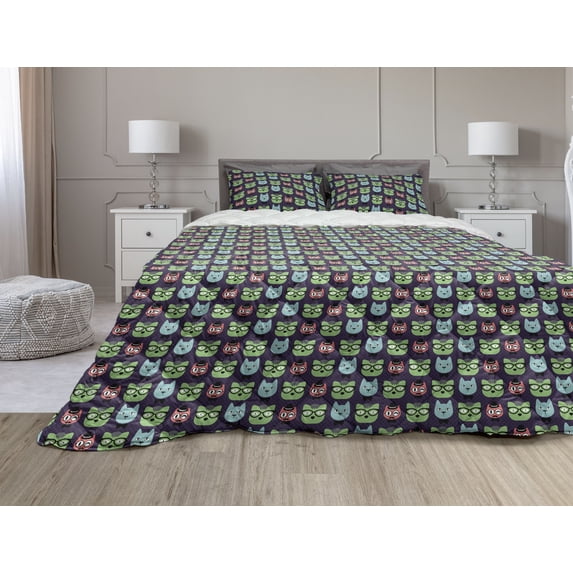 Geek Comforter & Sham Bedding Set, Various Cat Characters Wearing Geek Fashion Glasses and Hats Themed Graphic Print, 3 pcs Duvet Set Microfiber Filling Quilt, 5 Sizes, Multicolor, by Ambesonne