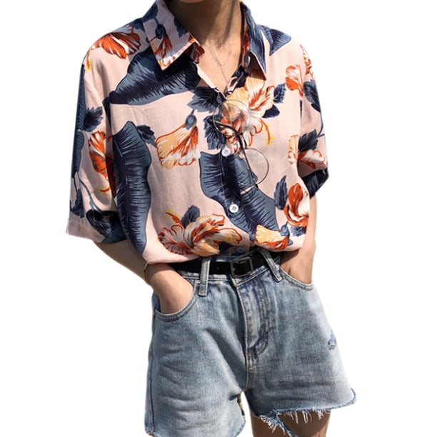 Camisa de vacaciones Mujer Blusa informal con estampado floral de verano Top de manga corta, Rosa Yuarrent AP001495-01B