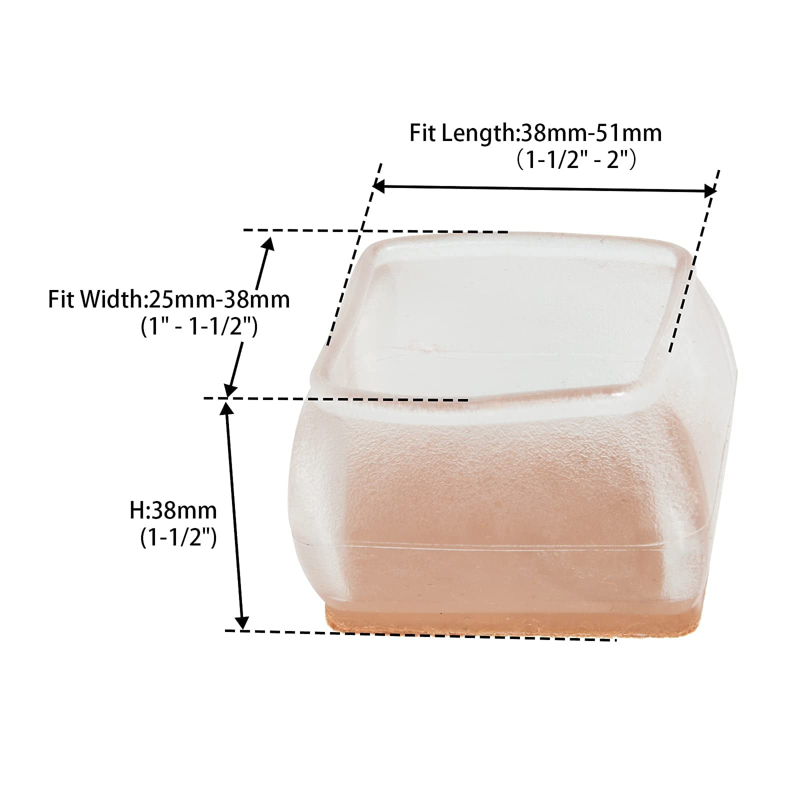 Flyshop Furniture Chair Leg Caps Hardwood Floor Protectors with Felt Pads, Easy Sliding, Rectangle, Large Size, Length 38-51 mm Width 25-38 mm, Transparent, 8PCS