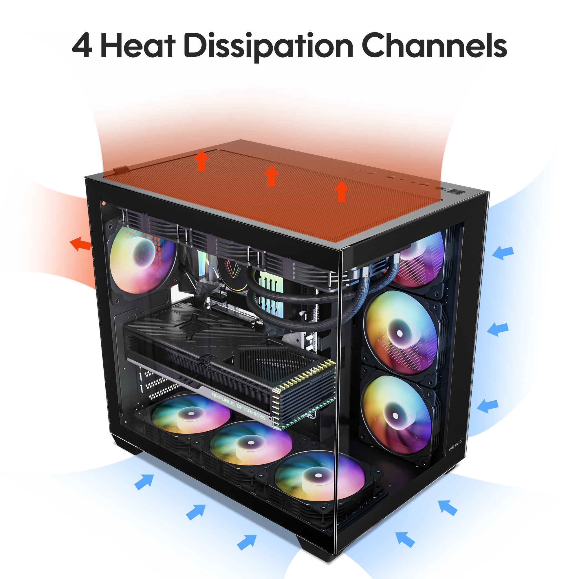 Vetroo AL900 ATX Computer PC Case 270° Full View Tempered Glass Pre-Installed ARGB & PWM FDB Fan in Rear 360mm Radiator Support High-Air flow Perforated Up to 10 fans Support for 40 Series GPUs -Black