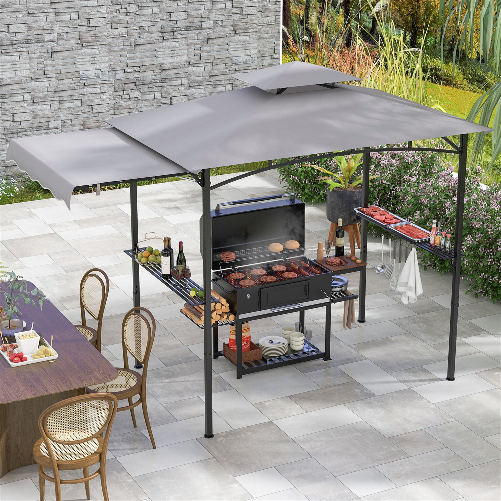 Gymax 11 x 5 FT Grill BBQ Gazebo w/ Side Awning Double-Tiered Top 2 Side Shelves