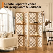 Jostyle 4 Panel Room Divider Privacy Screen with Storage Shelves Foldable with Natural Paulownia Wood Frame Diamond Pattern Non-Woven Fabric for Living Room, Bedroom, Office Espresso & White