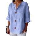 thumbnail image 6 of Linen Tunic Tops for Women, Yigetop Linen Shirts for Women Summer 2025 Trendy V Neck 3/4 Sleeve Top Loose Vacation Beach Solid Blouses Tunic Tops Ladies Linen Tops Blue L, 6 of 6