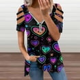 thumbnail image 2 of Cute Colorful Pattern with Hearts Womens Summer V Neck Zipper Top Short Sleeve T Shirt Off Shoulder Top Casual Classy Loose Shirts, 2 of 7